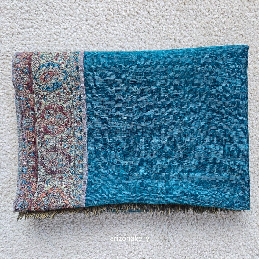 NWOT Wool Scarf Woven Teal Blue - Picture 11 of 11
